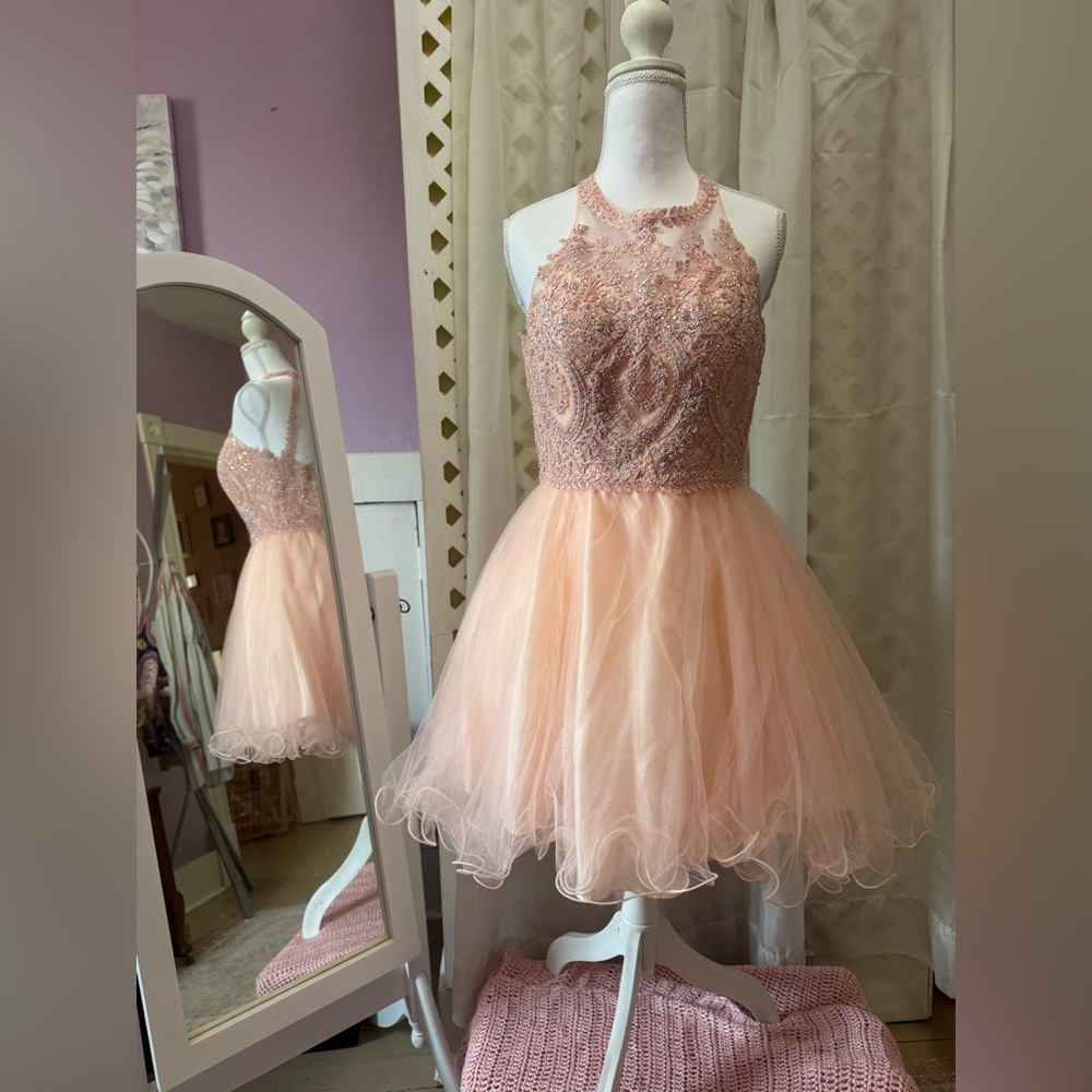 Collection B Pink Beaded Halter Tulle Dress